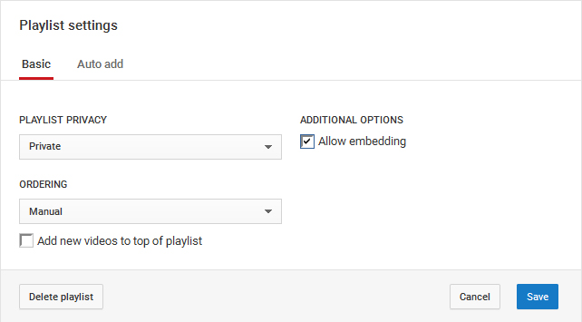 YouTube Playlist Settings